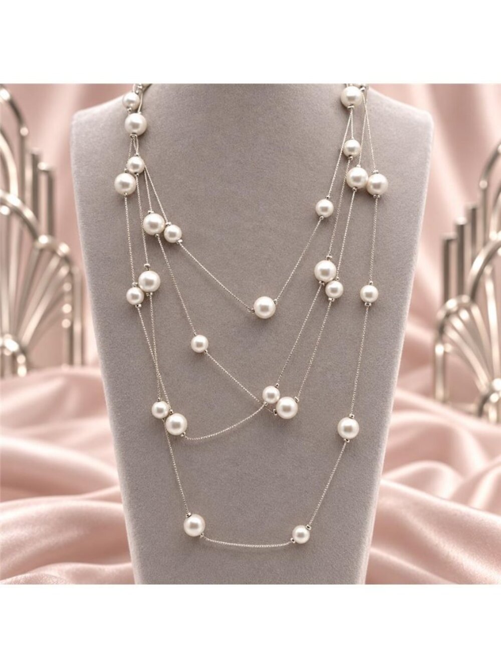 White Faux Pearl Station Necklace Silver Tone 82 In Long Rope Flapper Layering
